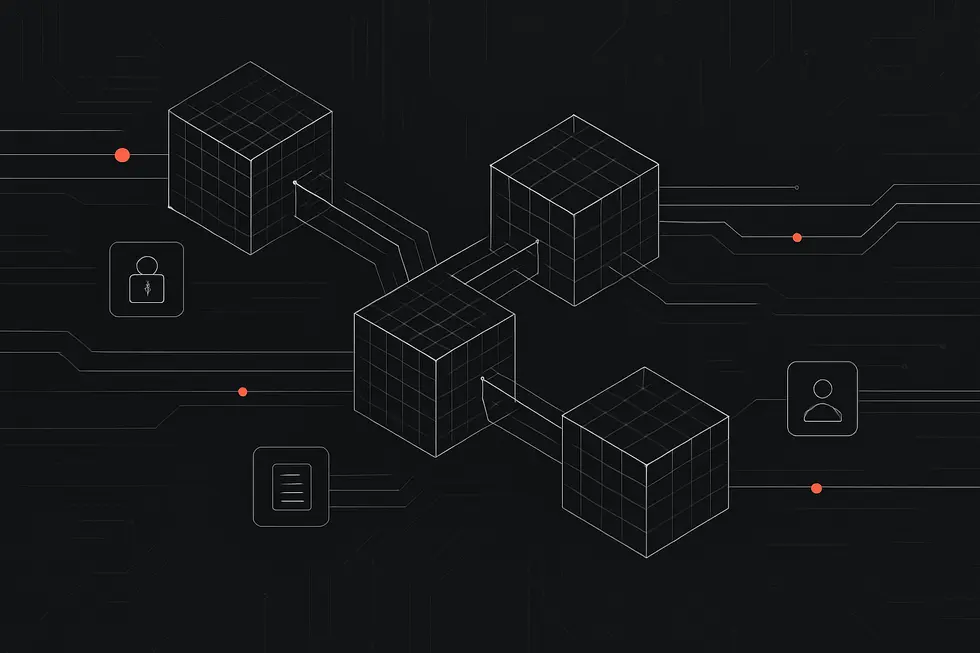 Mga digital na barya na nakapatong sa schematic grid ng blockchain.
