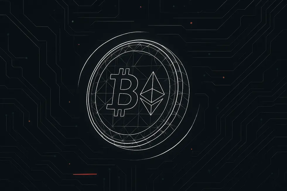 Digital wireframe illustration ng coins tulad ng Bitcoin at Ethereum.