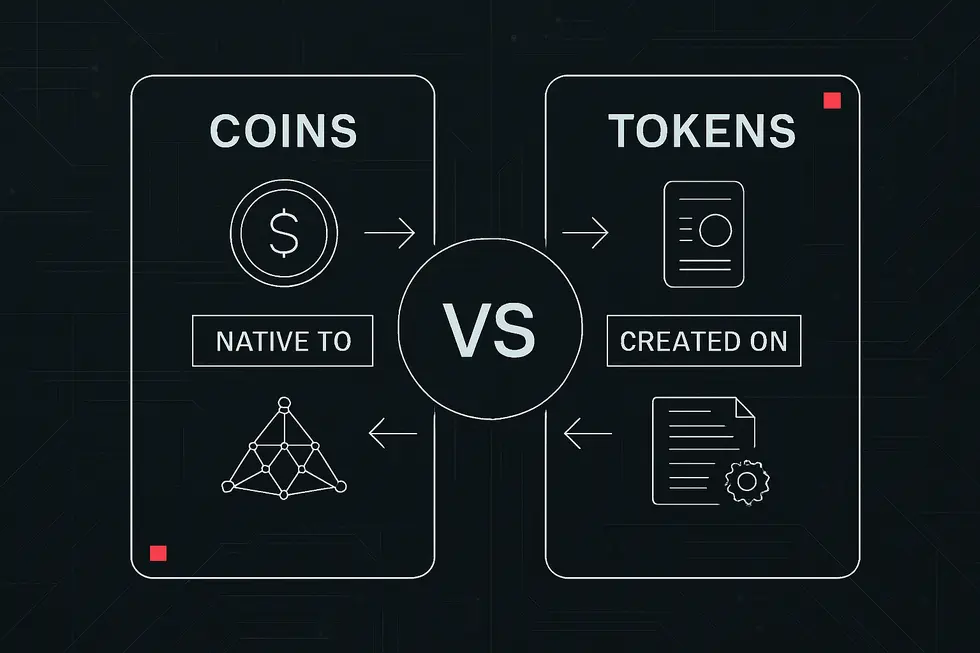 Digital wireframe illustration ng coins tulad ng Bitcoin at Ethereum.