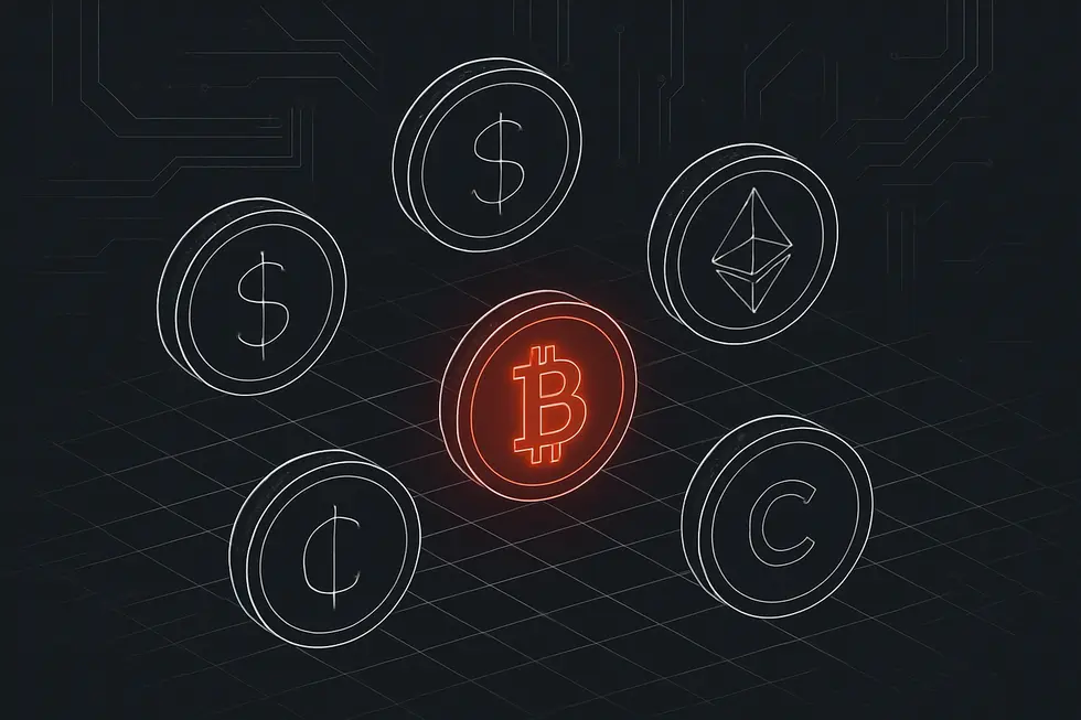 Mga digital na barya na nakapatong sa schematic grid ng blockchain.
