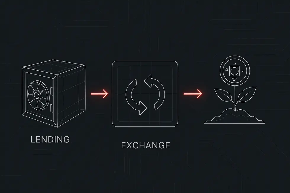 Pagkakaiba ng tradisyunal na pananalapi at DeFi gamit ang digital at modernong icon.