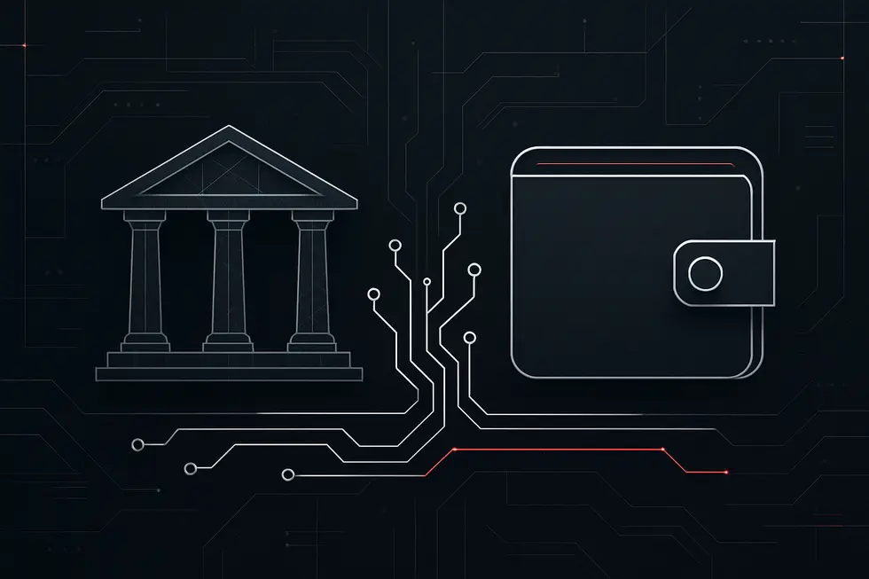 Pagkakaiba ng tradisyunal na pananalapi at DeFi gamit ang digital at modernong icon.