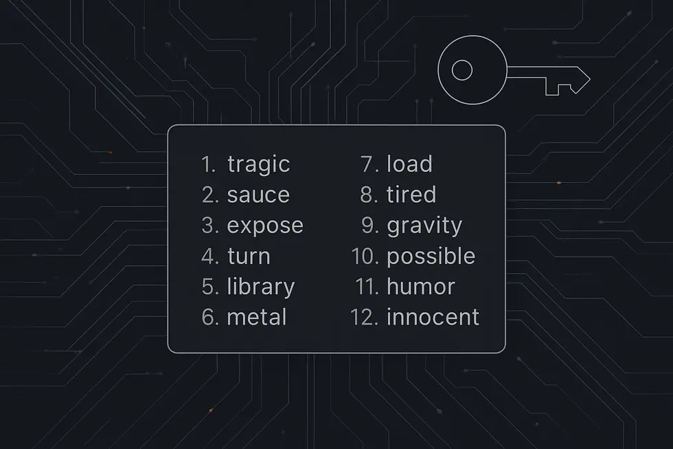 Seed phrase na binubuo ng 12 salita na parang susi ng digital wallet.