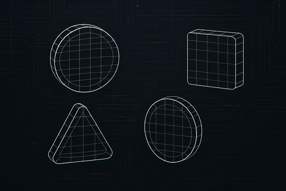 Digital wireframe illustration ng coins tulad ng Bitcoin at Ethereum.