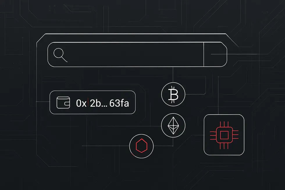 Wireframe na interface ng isang blockchain scanner.