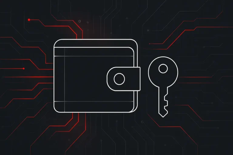 Minimalistang wireframe crypto wallet at key icon na puti ang outline sa pula, grey, at itim na circuit na background.