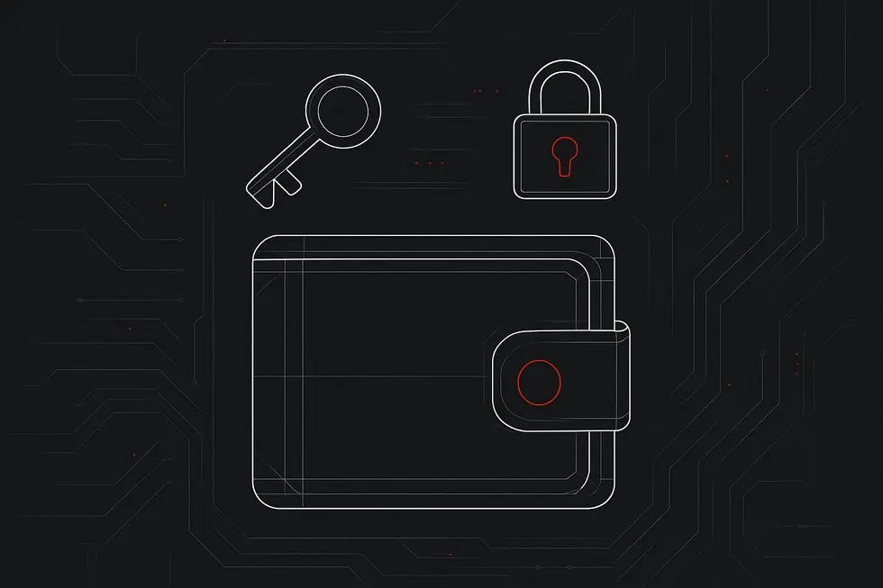 Konseptong imahe ng digital crypto wallet na may susi at lock.