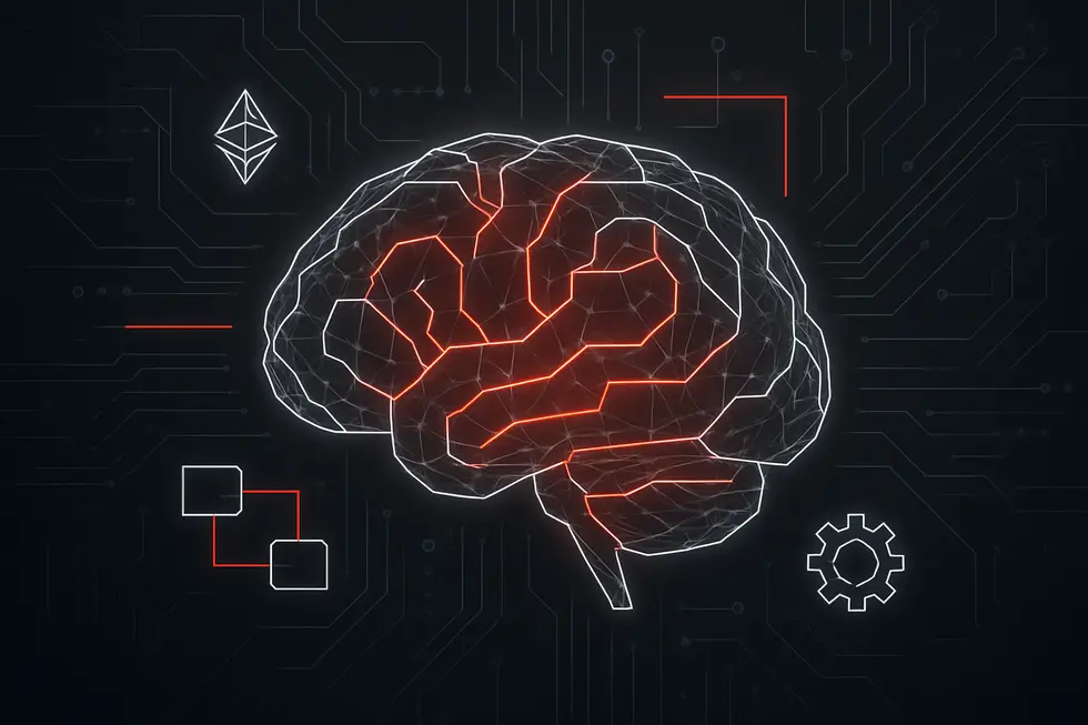 Isang digital na utak na simbolo ng katalinuhan ng EVM sa loob ng blockchain.