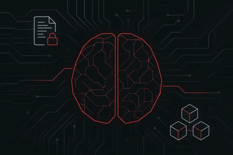 Digital schematic na may wireframe utak at smart contract icons sa dark na background.