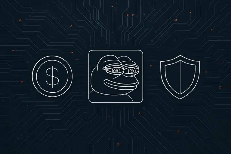 Wireframe digital art na may icons ng coins at shield sa madilim na background, na nagpapakita ng mundo ng memecoins.