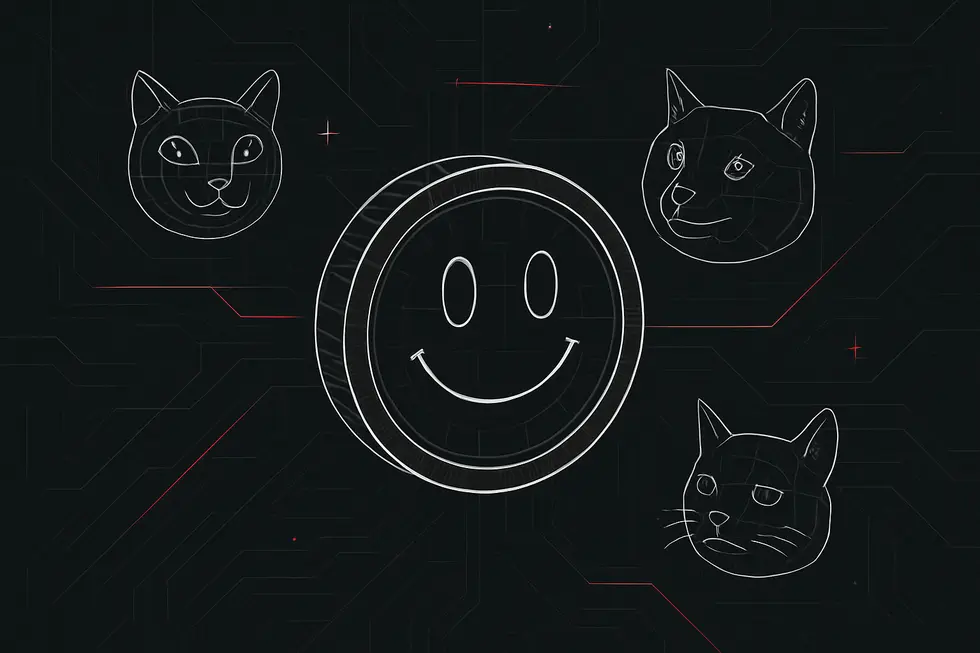 Kasaysayan at pinagmulan ng memecoins na may kasamang mga popular na meme icons.